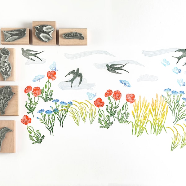 Summer Meadow Rubber Stamp Collection, flower stamp, poppy stamp, swallow stamp, stamps for card making