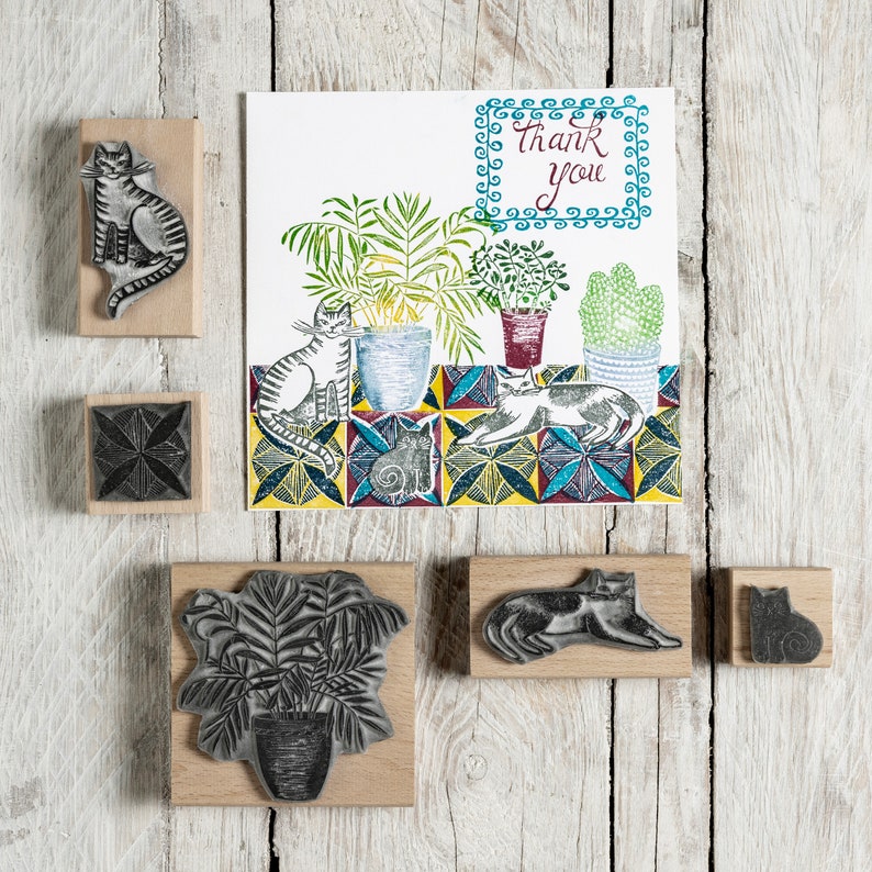 Cat Rubber Stamps, House Plants, Tile Pattern Stamps for card making, gift for cat lover image 4