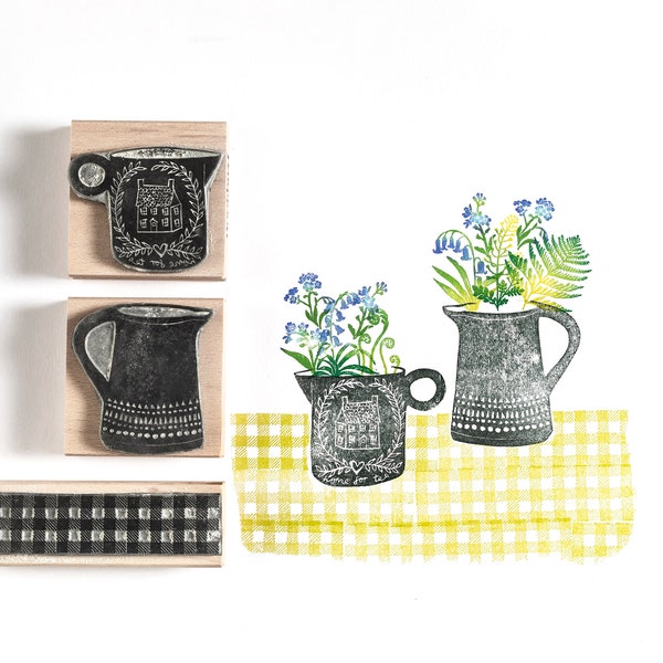 Flowers and Jug Rubber Stamps, flower Rubber Stamp, jug stamp, craft stamp, noolibird stamp, stamp for card making