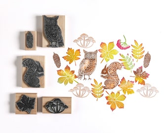 Owl and Squirrel Stamps, Autumn Leaf wooden stamp, DIY craft gift, Stamp for card making