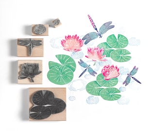 Water Lily and Dragonfly Rubber Stamps, stamps for card making, flower rubber stamp