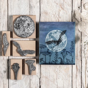 Sellos para manualidades con búhos y luna llena, sellos con flores y follaje, sellos para hacer tarjetas, sellos para diarios de la naturaleza