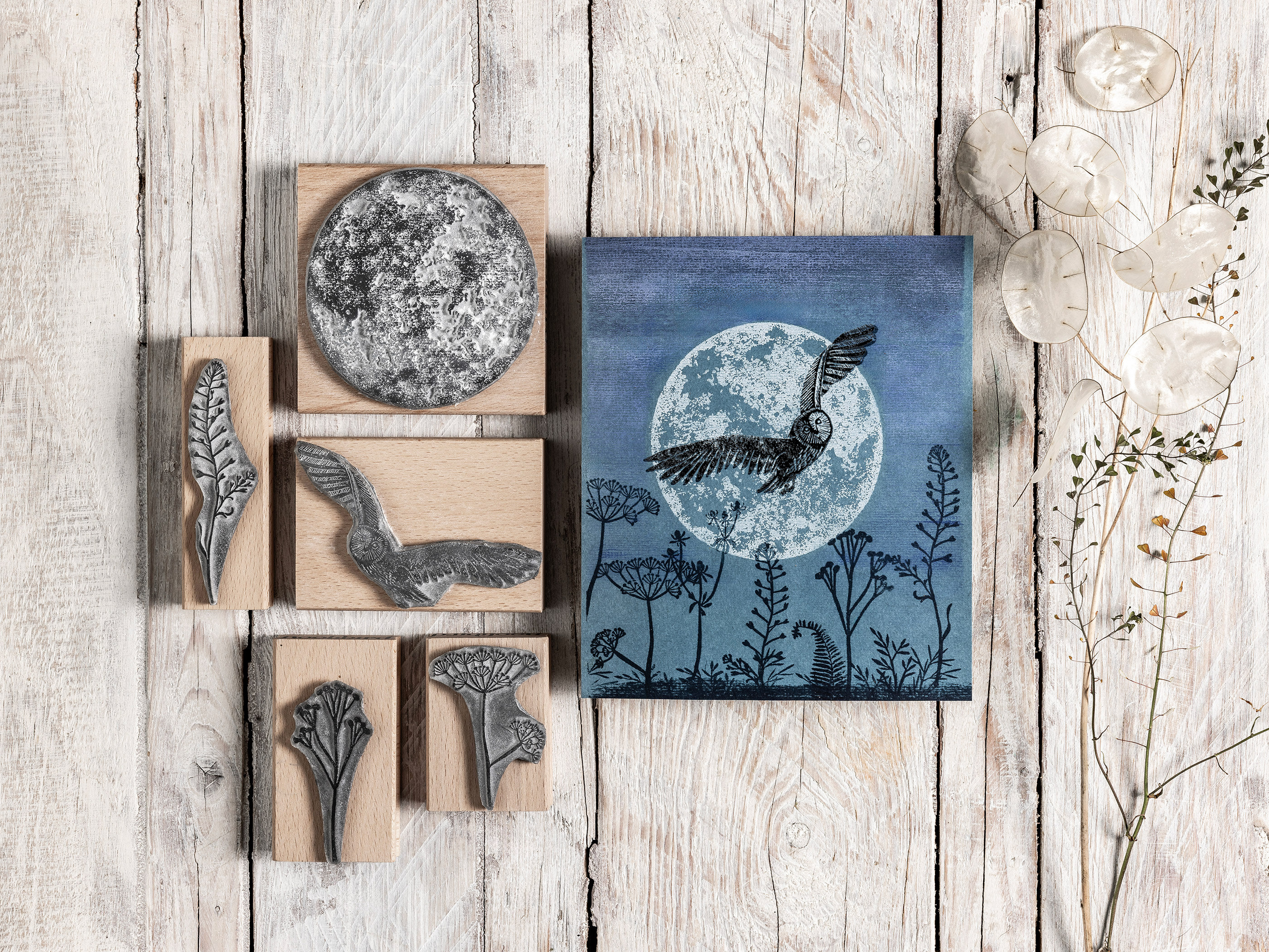 Owl and Full Moon Craft Stamps, Flower and Foliage Stamps, Stamps For Cardmaking, Nature Journal Sta