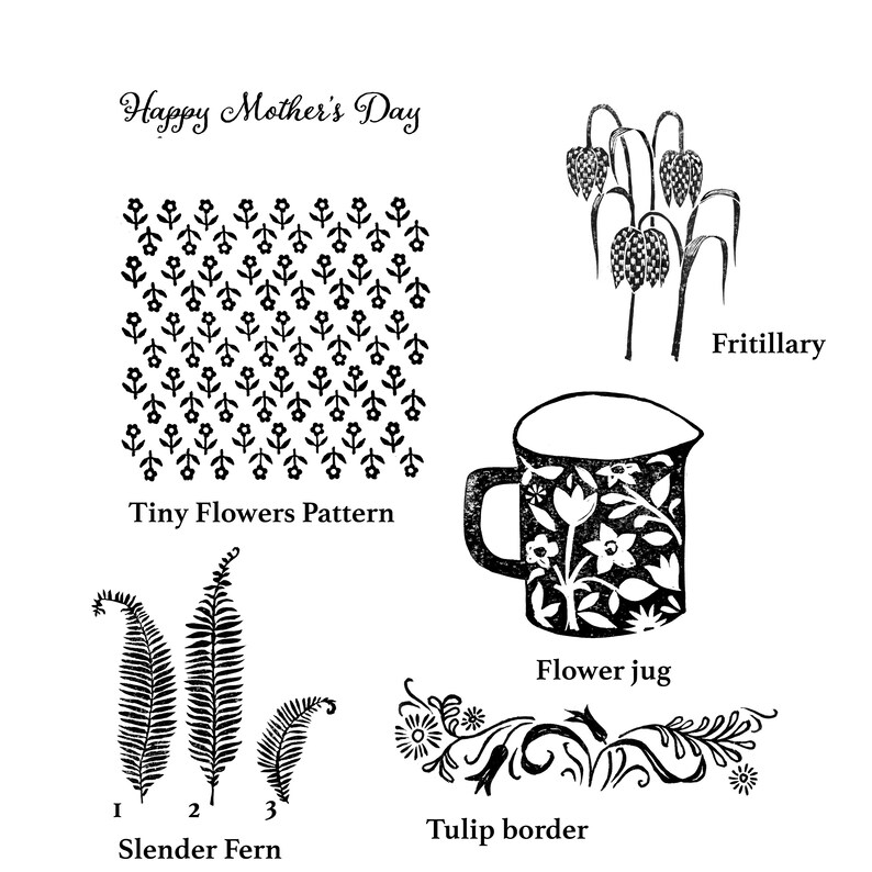 May include: Black and white illustrations of various floral designs, including a fritillary, a flower jug, a slender fern, and a tulip border. The text "Happy Mother's Day" and "Tiny Flowers Pattern" are also included.