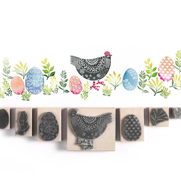 Easter Hen and Easter Eggs Stamps, Easter Gift, Easter Craft Stamps, Easter stamps for card making