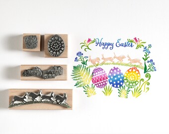 Set of Three Little Eggs and Bunnies Border Rubber Stamps, Easter Stamps