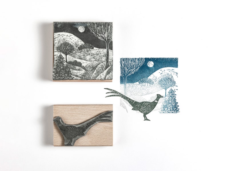 Winter Landscape and Stag Stamp, Christmas Rubber Stamp, Stag Stamp, Pheasant Stamp image 3