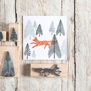 Fox And Fir Tree Rubber Stamp Fox Rubber Stamp Tree Rubber Etsy