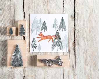 Fox and Fir Tree Rubber Stamp, Fox Stamp, Fir Tree Stamp, Christmas Rubber Stamp, Noolibirdstamps, Wooden Stamp, Art Stamp, craft stamp