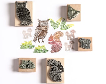 Owl and Squirrel Rubber Stamp, art stamp, owl stamp, squirrel stamp, mushroom stamp, craft stamp, woodland stamp