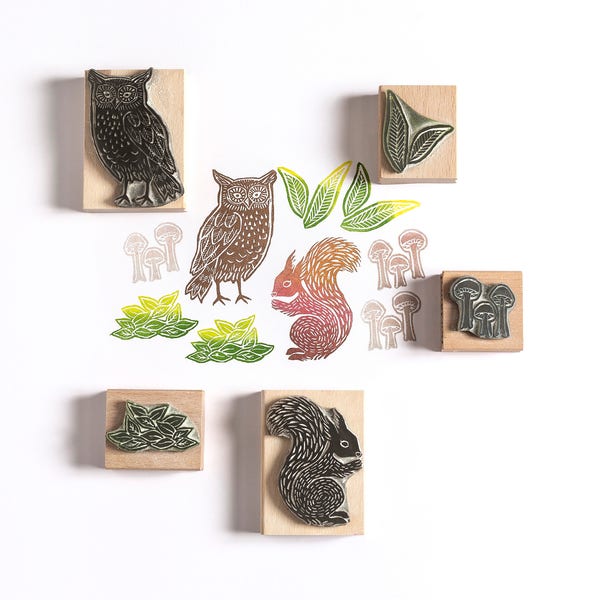 Owl and Squirrel Rubber Stamp, art stamp, owl stamp, squirrel stamp, mushroom stamp, craft stamp, woodland stamp