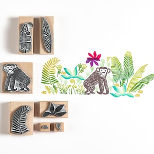 Monkey Rubber Stamp with Jungle Leaves