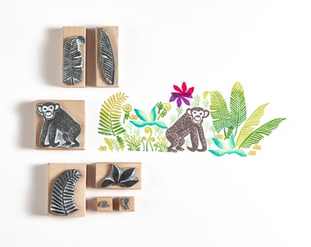 Monkey Rubber Stamp with Jungle Leaves