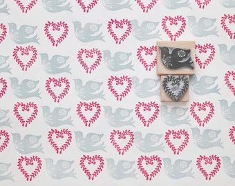 Heart & Bird Stamp, Heart Rubber Stamp, Bird Rubber Stamp, Bird Stamp, Handmade Stamp