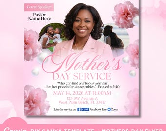 Mother’s Day Church Flyer Template | Women's Day Church Flyer  | Pink Feminine Church Announcement | DIY Church Flyer Template
