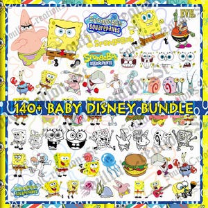 Può includere: Un foglio di adesivi digitali con vari personaggi di SpongeBob, tra cui SpongeBob, Patrick e Squiddi, a colori e in bianco e nero. L'immagine include il testo SpongeBob SquarePants e 140+ BABY DISNEY BUNDLE.