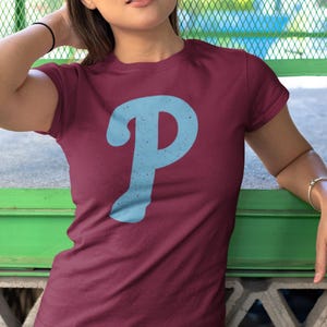Distressed Phillies Script P T-Shirt, Maroon Baseball Tee
