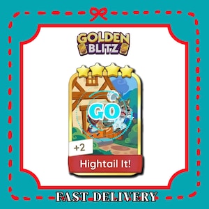 Op de afbeelding: Een spelkaart met de tekst "Golden Blitz" bovenaan, met een cartoonwolf en een rennend personage. De kaart heeft de tekst "GO" en "Hightail It!" met een "+2" symbool. De kaart is omlijst in een turquoise rand met een rode stippellijn en een strik bovenaan.