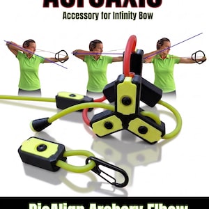 Può includere: Accessorio AeroAxis per Infinity Bow e dispositivo BioAlign Archery Elbow. Il prodotto presenta un mozzo triangolare nero e giallo con bande elastiche rosse e gialle attaccate, un moschettone nero e un piccolo componente rettangolare nero e giallo.