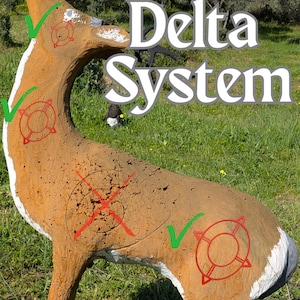 Peut inclure: Une cible de tir à l'arc en forme de cerf marron avec des marques rouges et vertes. Le texte "Delta System" est en blanc. La cible a une bande blanche sur le dos et le cou. L'arrière-plan est de l'herbe verte et des arbres.