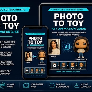 May include: A digital guide titled "Photo to Toy" displayed on a tablet and smartphone, set against a dark blue backdrop. The guide offers to transform photos into Funko Pop-style AI characters. The text includes "AI + Animation Guide" and "Instant PDF Download."