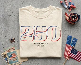 250 America T-Shirt | Americana Typographie, rot blaue Outlines