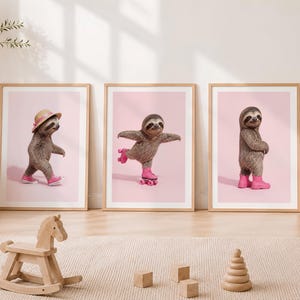 Baby Sloth Wall Art, Set of 3, Triptych Animal Art, Funny Whimsical Pink Nursery Decor, Printable Wall Art (Digital Download)