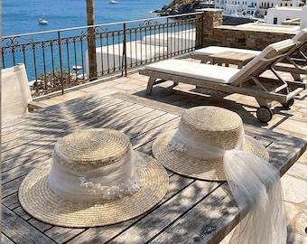 French Vintage Bridal Straw Hat with Veil and Pearls, Elegant White Floral Sun Hat for Weddings, Summer Chic Beach Boater