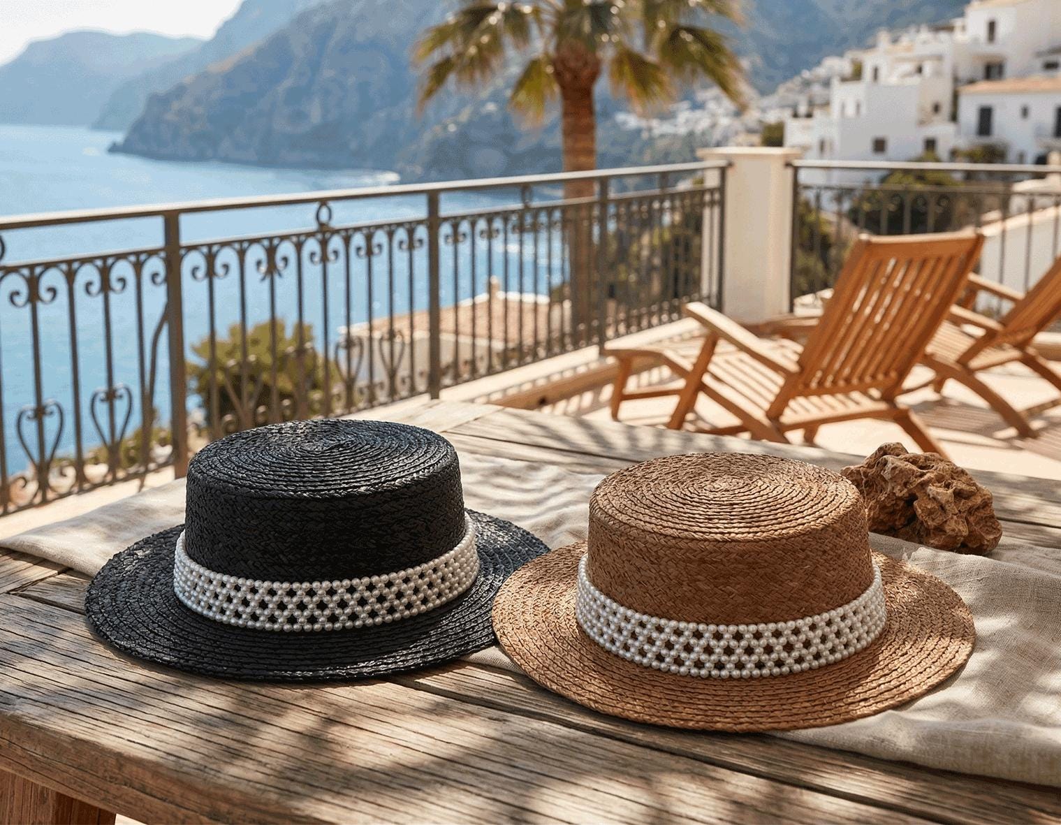 Vtg Two Tone Ivory Natural Straw Boater Hat Pearl Trim Bow Resort Beach Coastal Vintage Natural Straw Pale Blue Ribbon Bow Boater Hat, the  main image 2