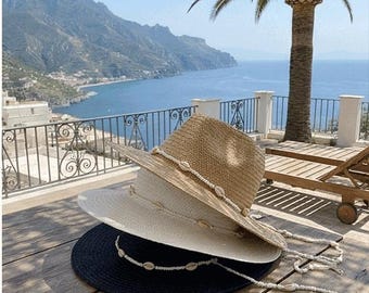 Boho Shell Chain Straw Fedora, Wide Brim Jazz Hat for Beach, Summer Sunshade Straw Hat