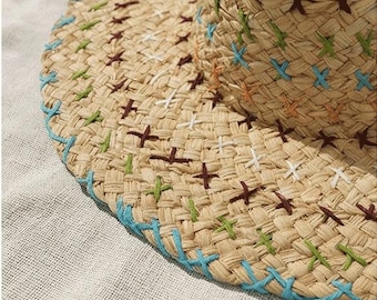 Raffia Jazz Fedora with Colorful Contrast Stitching, Boho Summer Beach Straw Hat, Rustic Raw Edge Sun Hat