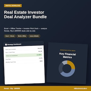 Può includere: Un download digitale intitolato Real Estate Investor Deal Analyzer Bundle che include un tracker Excel offline, una dashboard strategica con metriche finanziarie e un modello di presentazione per investitori con un grafico ad anello.
