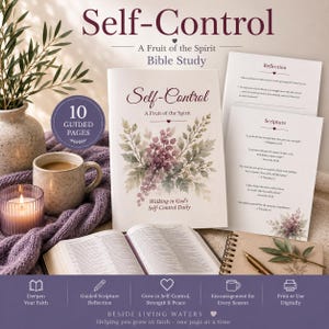 May include: A Self-Control Bible study guide with 10 guided pages, featuring a floral cover design, an open Bible, a ceramic mug, a candle, and two printed reflection and scripture sheets. The text reads Self-Control A Fruit of the Spirit.