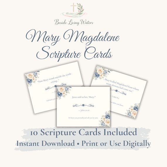 Mary Magdalene Scripture Cards | Printable Verse Cards | Christian Encouragement Cards | Faith-Based Gift | Blue Floral Devotional Cards