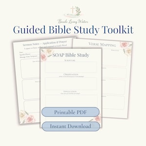 Puede incluir: Un conjunto de hojas de trabajo imprimibles para el estudio de la Biblia con detalles florales. Las hojas de trabajo incluyen secciones para notas de sermones, mapeo de versículos y estudio bíblico SOAP. El texto incluye "Guided Bible Study Toolkit", "Printable PDF" y "Instant Download".
