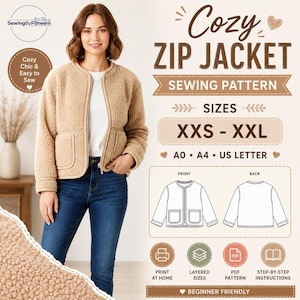 Puede incluir: Un patrón de costura para una chaqueta con cremallera de forro polar texturizado en color beige, con mangas largas y dos bolsillos delanteros. Incluye tallas de XXS a XXL, con instrucciones para impresión A0, A4 y US Letter. Vista frontal y trasera.