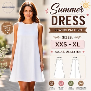 Może przedstawiać: Biała sukienka bez rękawów z okrągłym dekoltem i rozkloszowaną sylwetką. Obraz zawiera tekst: Summer Dress Sewing Pattern, rozmiary XXS-XL oraz formaty A0, A4, US Letter. Przedstawia rysunki liniowe przodu i tyłu sukienki.