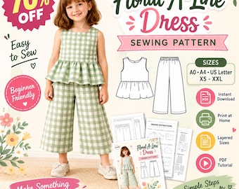 May include: A sewing pattern for a floral A-line dress, featuring a green and white gingham sleeveless peplum top and wide-leg pants. The digital file includes instructions, size options from XS to XXL, and printable formats like A0, A4, and US Letter.