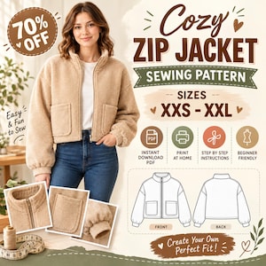 Peut inclure: Un patron de couture pour veste zippée en polaire beige avec le texte Cozy Zip Jacket, tailles XXS-XXL, PDF téléchargeable, impression à domicile, instructions étape par étape et débutant, incluant des dessins techniques.