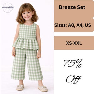 Ruffle Blouse and Pants PDF sewing patterns, size 2-13Y, Top and culottes pants set patterns for kids, sleeveless top, Lounge Set