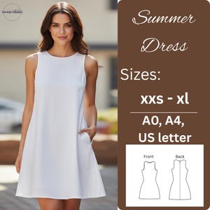 May include: A sleeveless white summer dress with a round neckline and pockets. The image includes text that says "Summer Dress" and "Sizes: xxs - xl". The dress pattern is available in A0, A4, and US letter sizes.