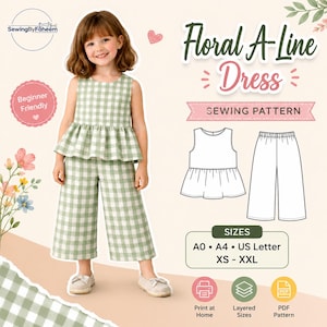 Ruffle Blouse and Pants PDF sewing patterns, size 2-13Y, Top and culottes pants set patterns for kids, sleeveless top, Lounge Set