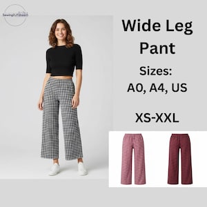 May include: A woman wearing a black crop top and wide-leg, black and white checkered pants. The image also displays text that reads "Wide Leg Pant" and "Sizes: A0, A4, US XS-XXL". Two pairs of wide-leg pants in pink and red are shown.