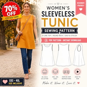 Patrón de costura en PDF para top sin mangas de mujer / Patrón de túnica de corte A / Camisa de verano / Costura para principiantes / Tallas XXS-4XL / PDF imprimible