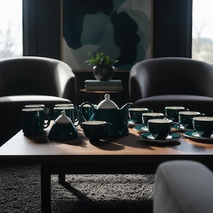 May include: A tea set featuring a dark teal teapot with a white lid, a matching sugar bowl with a white lid, and several dark teal teacups with saucers and mugs arranged on a wooden table. The set includes multiple pieces with a smooth finish.
