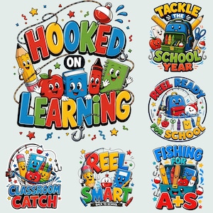 Può includere: Una collezione di sei grafiche colorate con cartoni animati di materiale scolastico come matite, mele e libri con temi legati alla pesca. Il testo include Hooked on Learning, Tackle the School Year, Reel Ready for School, Classroom Catch, Reel Smart e Fishing for A+S.