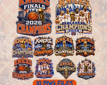 May include: A collection of ten digital graphic designs featuring New York Knicks 2026 NBA Finals Champions branding. The designs include basketball imagery, championship trophies, city skylines, and team players in uniform with bold text.