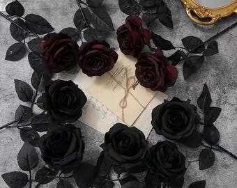 10 Stück dunkle Burgunder & schwarze gotische Rosen, künstliche Blumen mit Stiel für Halloween-Hochzeits-Fotoshooting
