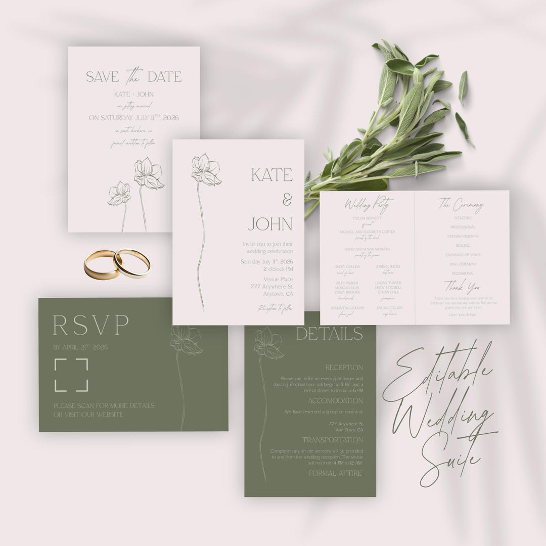 Sage Green Wedding Invitation Suite, Editable Canva Templates (digital ...