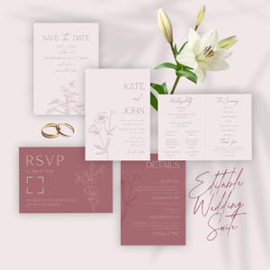 May include: A wedding suite with a floral design, featuring "Save the Date," invitation, RSVP, and details cards. The suite includes gold wedding bands and a white lily. The text "Kate and John" is visible.